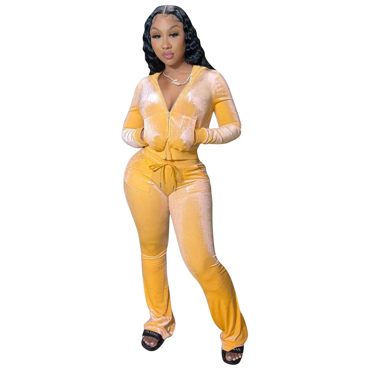 Women sweatpants and hoodie set of two piece pocket flared pants low cut long sleeved velvet track suit hoodie and jogging set