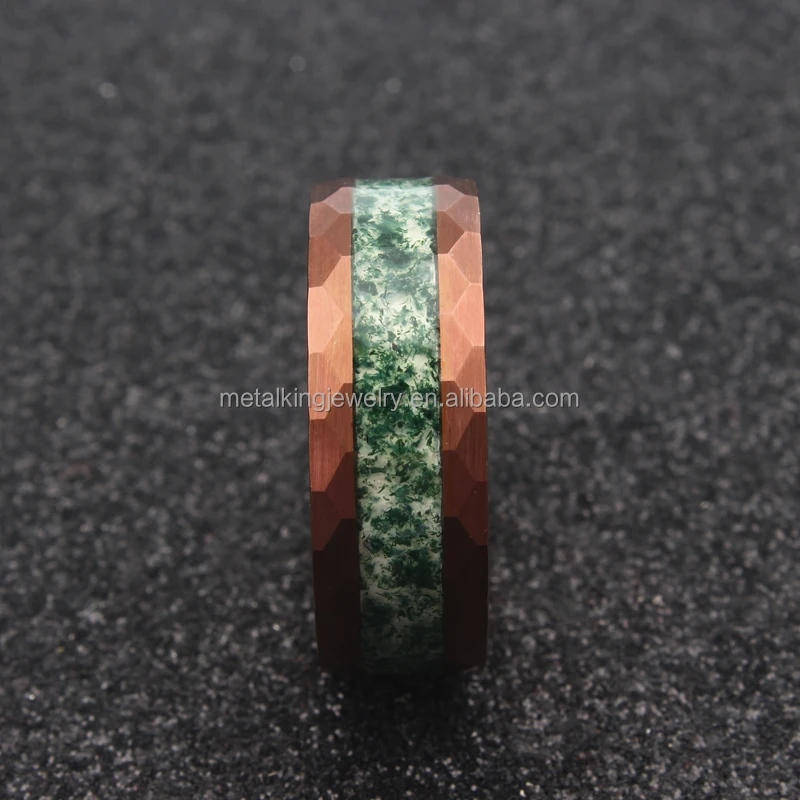 Nature Green Moss Agate Ring, Brown Hammer Tungsten Ring Inlay Moss Agate, Men Wedding Band Trendy Engagement Rings Unisex Rings