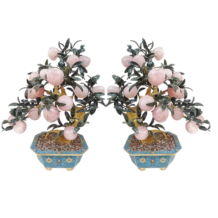 Rose Quartz Jade Peach Hand Work Carving Decorative Jade Tree Jade Peach Bonsai Cloisonne decoration