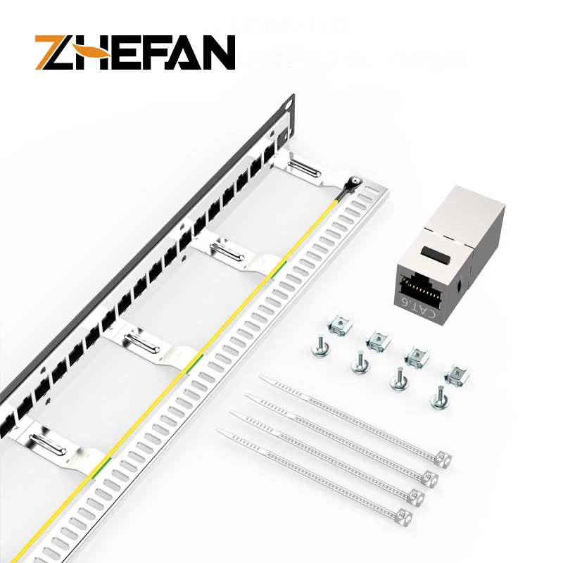 ZHEFAN RJ45 socket 8P8C lan patch panel 24 port 19inch 1U networking Cat6 STP FTP patch panel with keystone jack