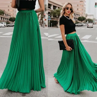 Fashionable Summer New Design High Waisted Floor Length Big A-Line Hem Pleated  Maxi Skirts