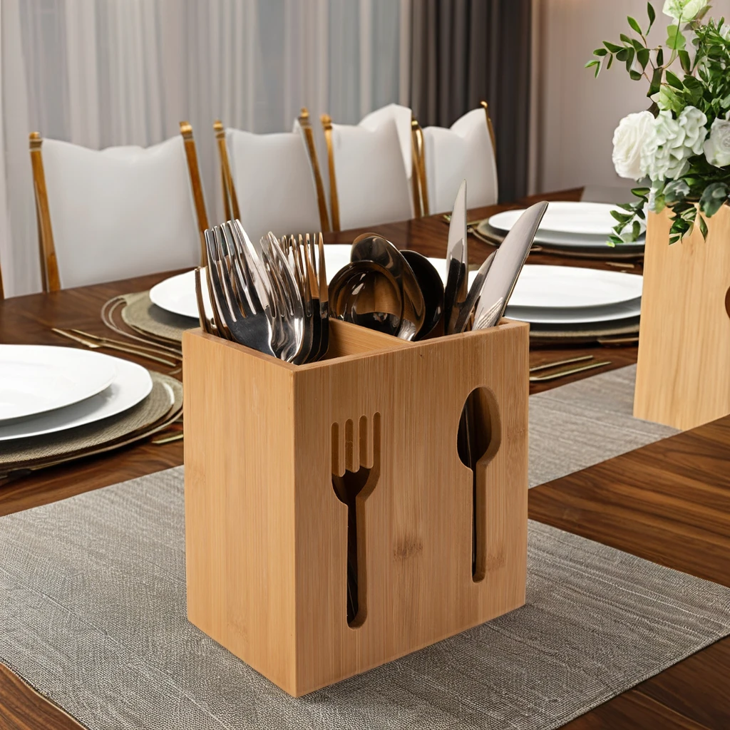 Wholesale Bamboo Wooden Organizer Restaurant Tabletop Spoon Cutlery Dining Utensils Holder 2 Compartment Kitchen Display Box
