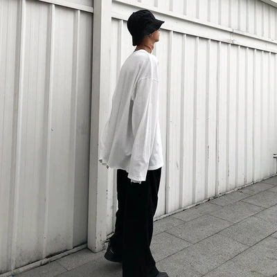 
Breathable 100% Cotton Oversized White T shirt Men O Neck Long Sleeve Spring Hiphop Fashion Tops Tee Split Hem TShirts For Men 