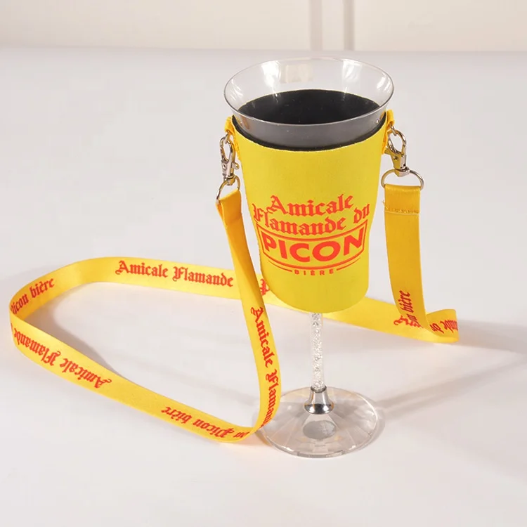 Custom sublimation printing drinks water bottle beer wine glass holder neck lanyard with neoprene cup cover sleeve
