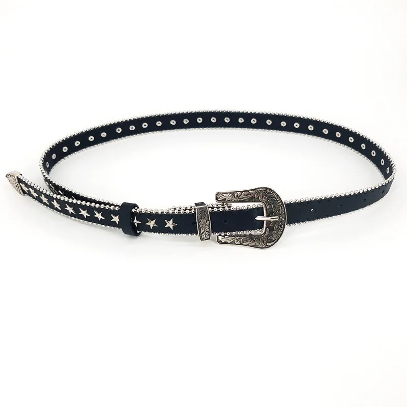 Factory Wholesale Carved Silver Buckle Belt Punk Wind Metal Decorative Belt Rivets Studded Beads Pin Buckle Belt Female