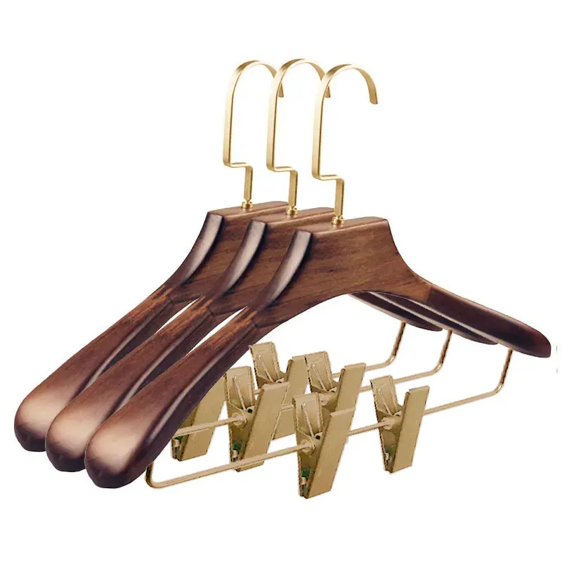 Store Custom LOGO 2 Piece Set Top Bottom Coat Pant Deluxe Black Wooden Hangers for Cloths