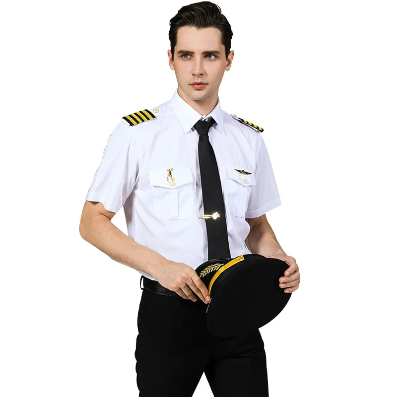 Man airline pilot captain uniform  white shirt long sleeve short sleeve white pilot shirts