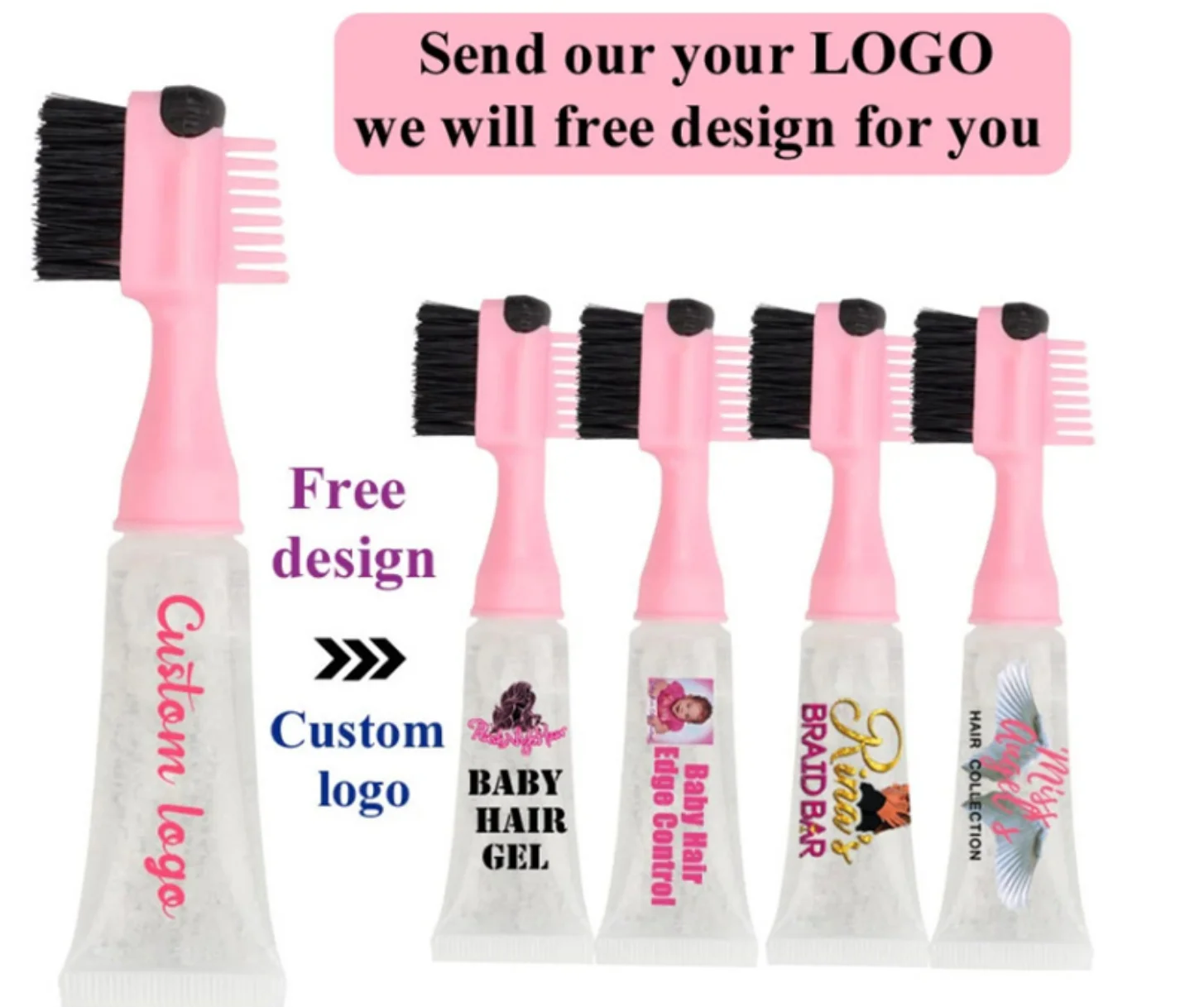 Custom Logo Baby Hair Gel Brush 3 in 1 Strong Hold Edge Control Waterproof Gel Tube for Natural Hair