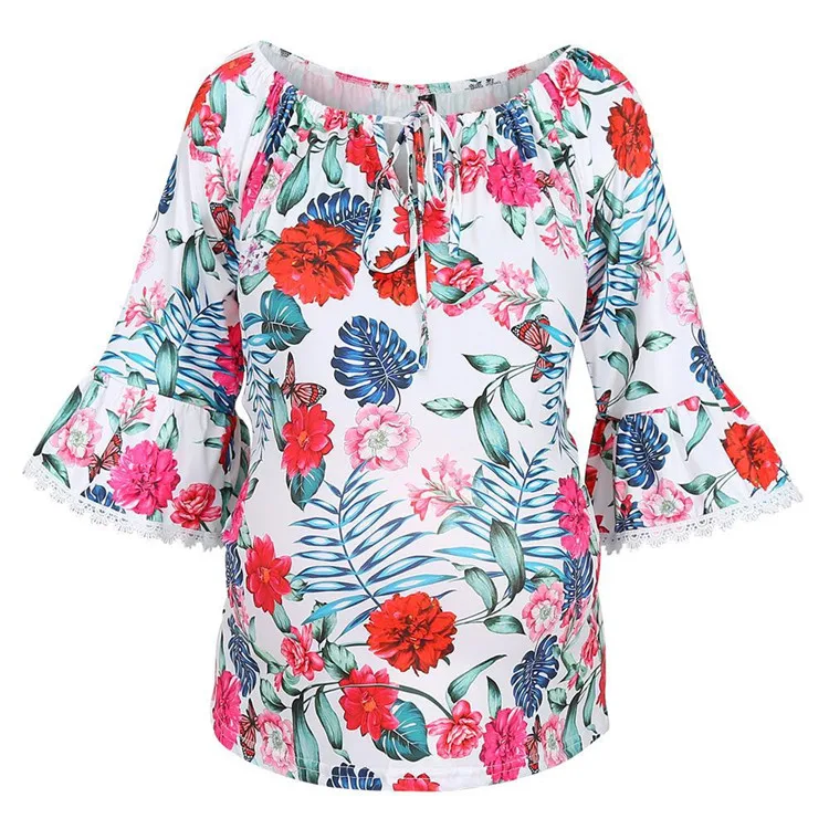 
Summer soft stretch leisure lounge botanical print flared maternity relexed v neck nursing tops t shirt blouse hip dress 