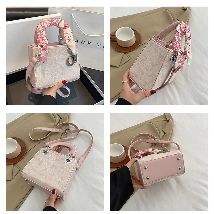 High quality designer floral texture ribbon handbag fashionable daily outfit women shoulder crossbody bag elegant charming