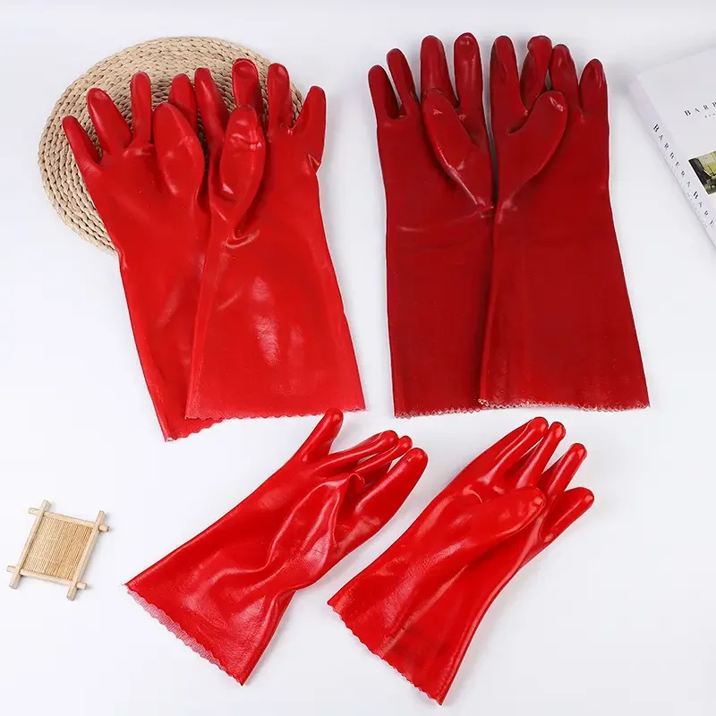 27cm Oil Resistant Chemical Proof Industrial Red Anti slip water Proof PVC Coated Long Sleeve Gloves