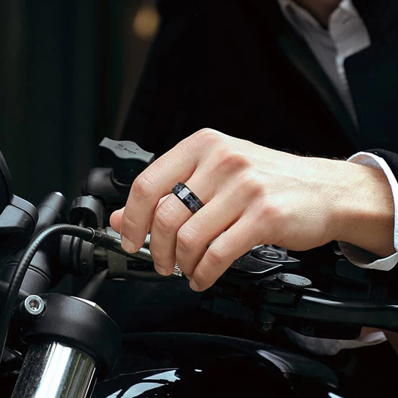 Coolstyle Men Jewelry 8mm Engagement Wedding Band Inlay Beveled Edges Comfort Fit Tungsten Carbide Ring Carbon Fiber Black Ring