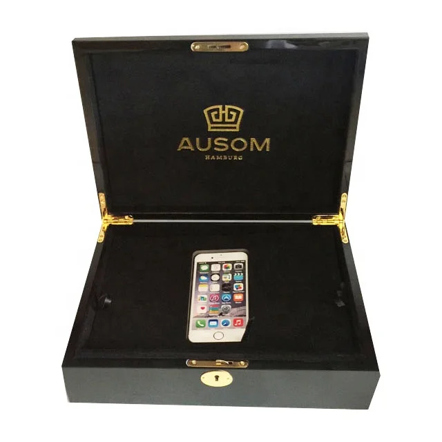 Piano black lacquer finish hot sale luxury wooden phone  box