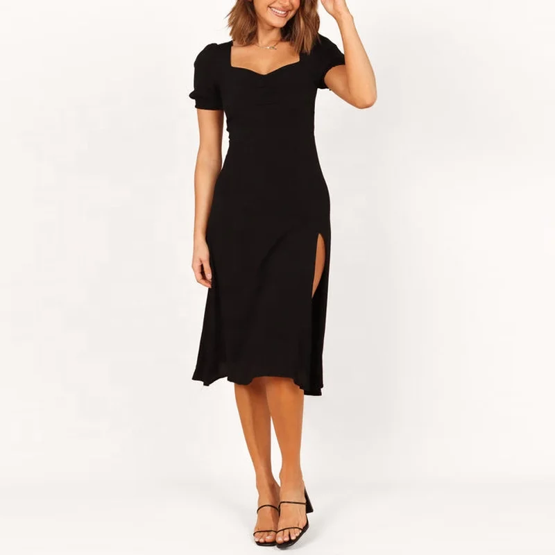 Custom Puff Short Sleeve Square Slit Midi Elegant Lady Dresses Ruffle Hem Black Dress For Women