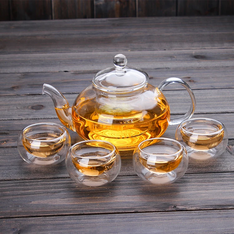 China kongfu tea set clear glass tea pot with cups warmer