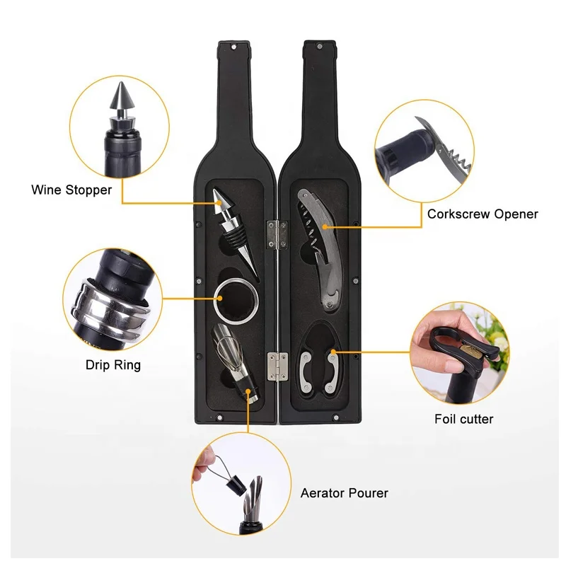 Hot selling 5pcs wine accessories gift set in ABS bottle shape case