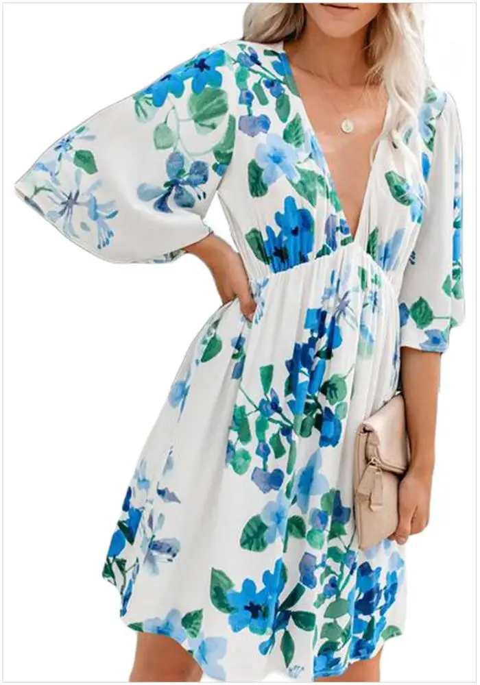 Wholesale Ladies Summer Floral Dress Street Trendy V neck Originality Irregular Women Dress