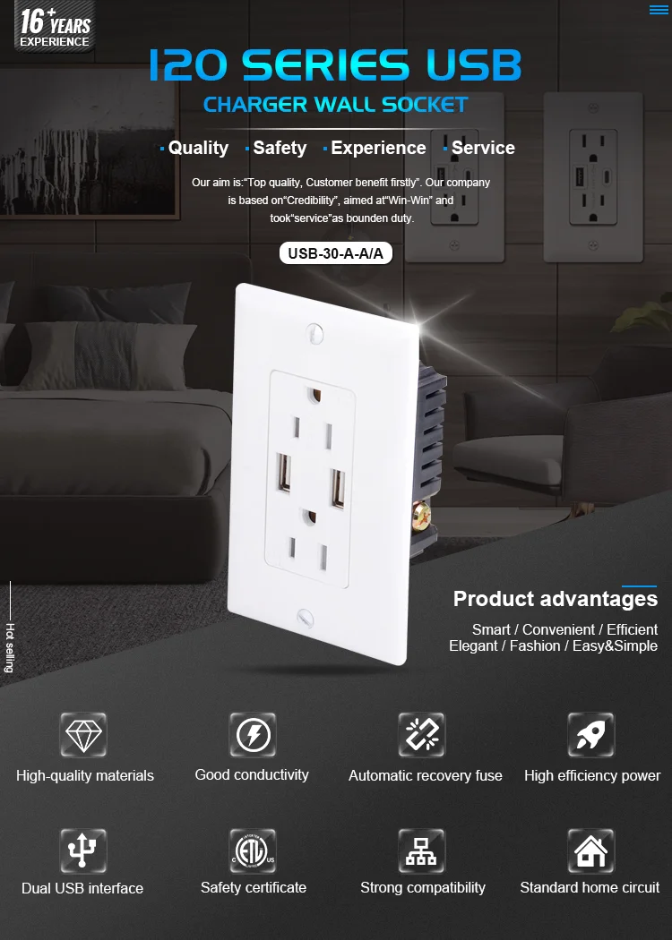 American Dual power receptacle Type A USB port wall socket duplex 2.1A Usb Outlet Sockets for Household
