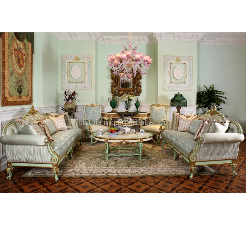 High end customized french fairy princess  feel cream white gold leaf sofa set  antique living room art furniture set