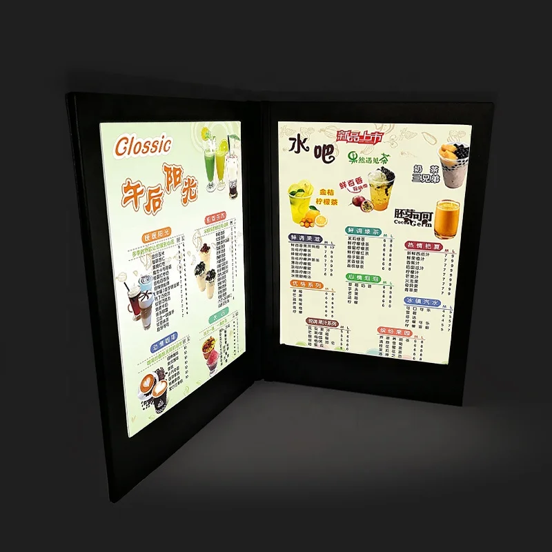 High Quality Restaurant Bar Double Page Leather Illuminated  LED Light Menu Cover Holder Book