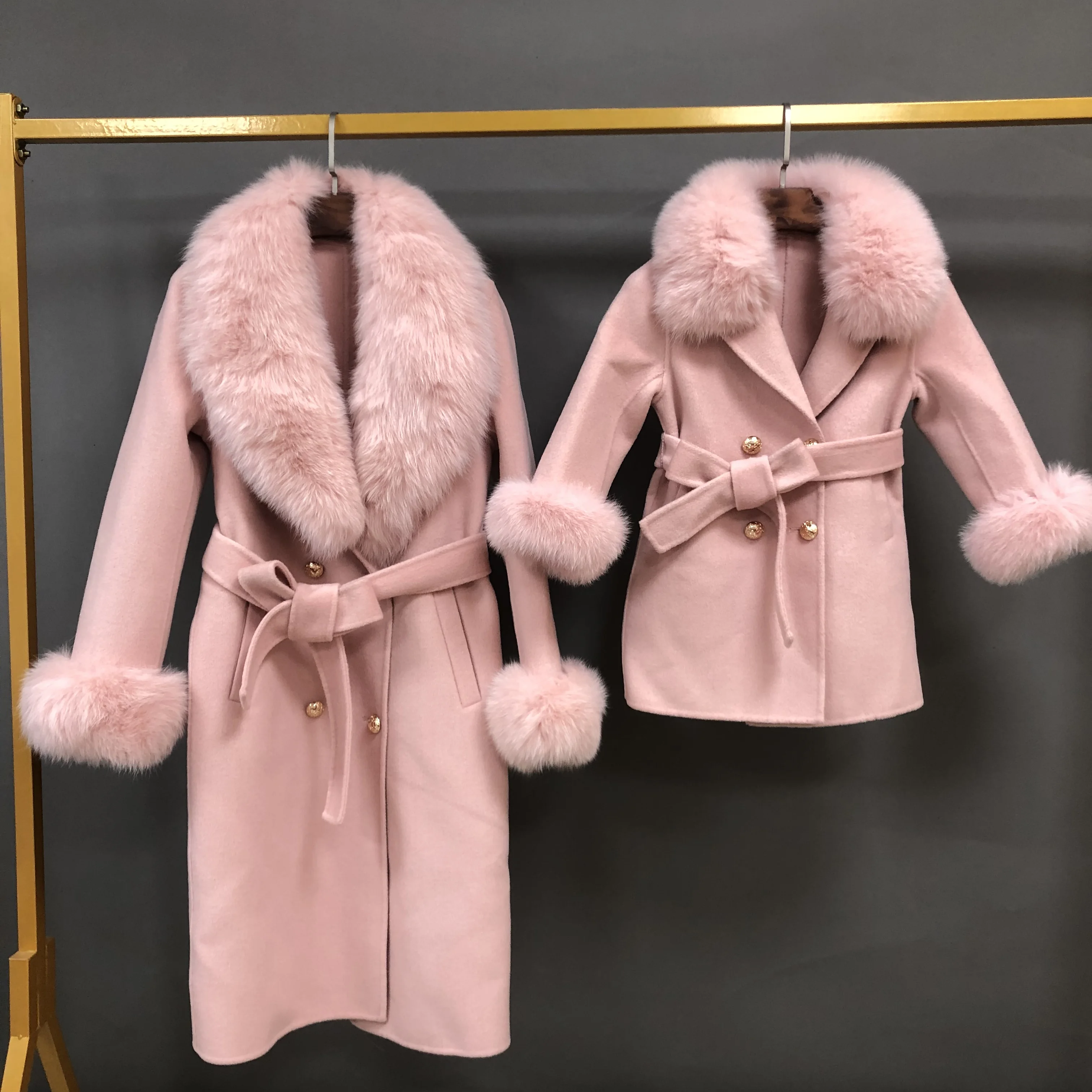 Winter Children Pink Cashmere Coat Real Fox Fur Collar Elegant Wool Overcoat Kids Trench Coat Belt Girls