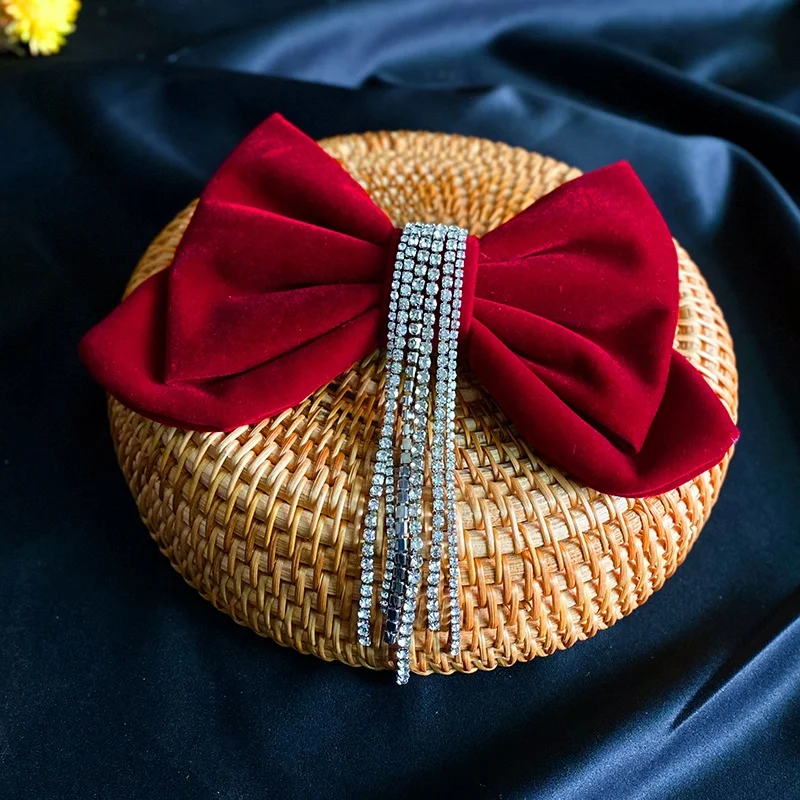 Women Girls Wedding Bride Hair Accessories Red Velvet Bow Clip Rhinestone Chain Tassel Hair Bows