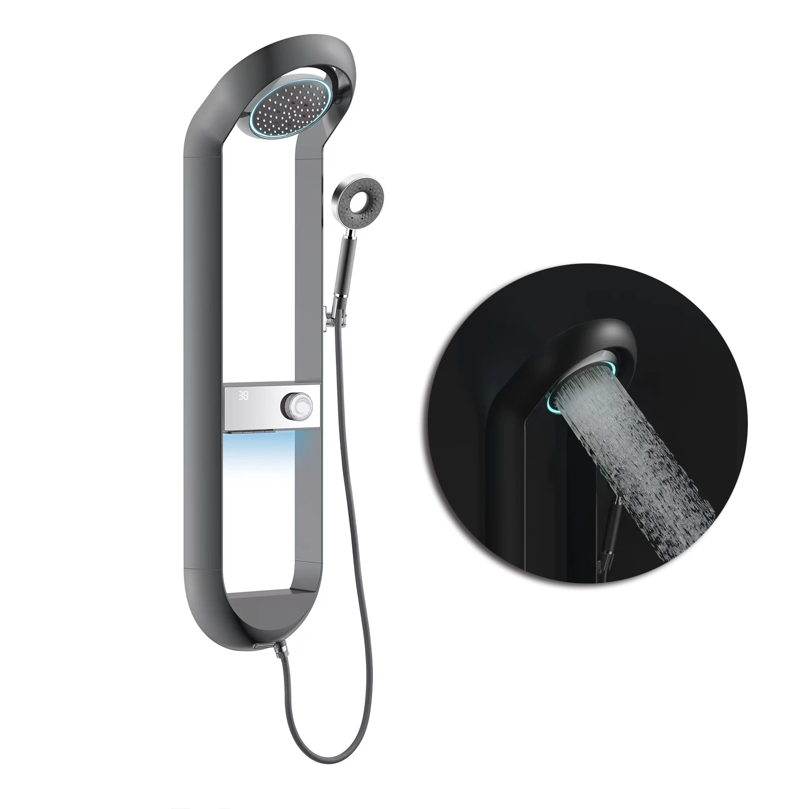 New Trend Cream White Wall Mounted Bathroom Shower with Hot and Cold Top Spray Faucet and Digital Mood Light Shower Set