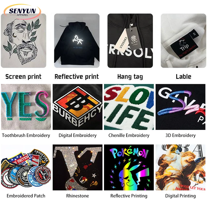 Factory Embroidery Sweatshirt Graphic Streetwear Drop Shoulder Custom Logo Pullover Puff Printing Rhinestone 100% Cotton Hoodie