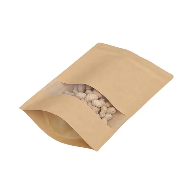 Resealable Zip lock Brown Kraft Paper Doypack Standing Up Pouches Food Packaging Bags With Clear Window and Zipper