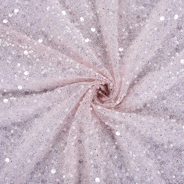 French fashion luxury style tulle embroidery overlay light pink beads sequins lace embroidered fabric for sale