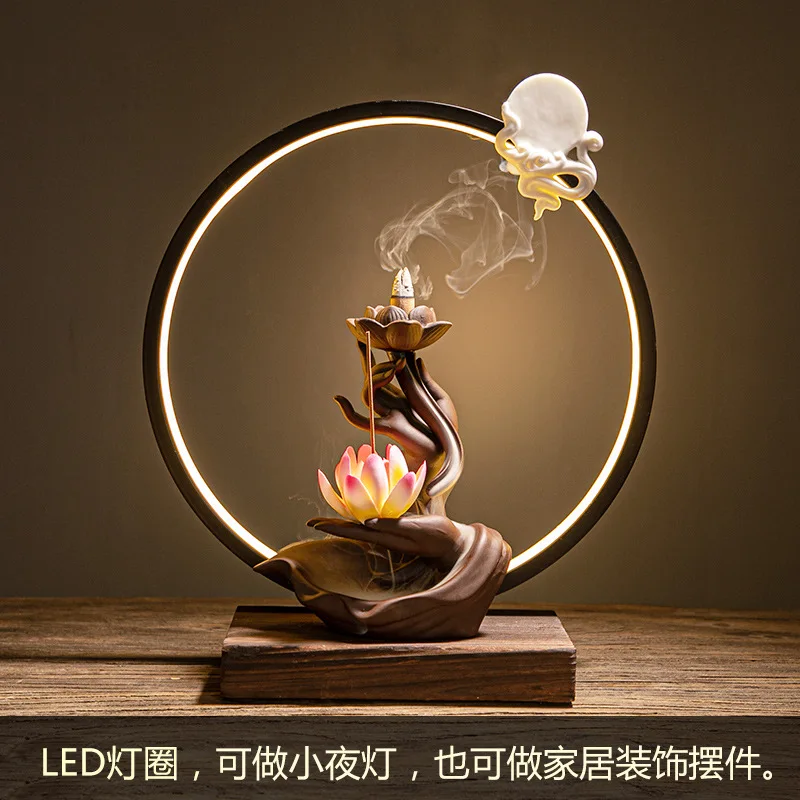 Ywbeyond Home Office Ornaments LED Lamp Ceramic backflow incense burner Zen buddha hand lotus censer waterfall holder