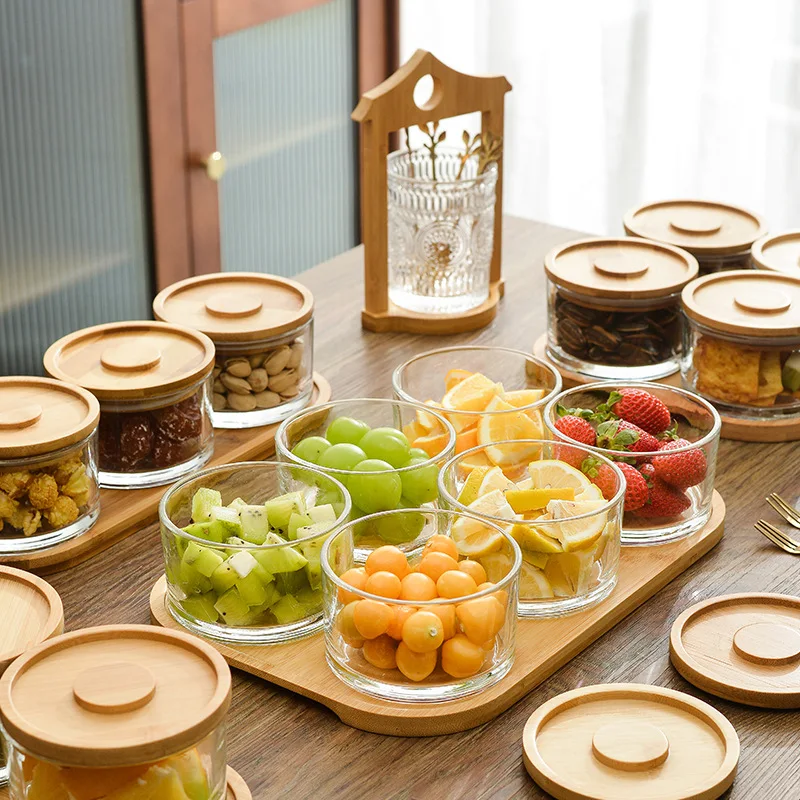 Glass bamboo dried fruit box partition with sealed lid moisture-proof dry fruit tray New wooden candy box