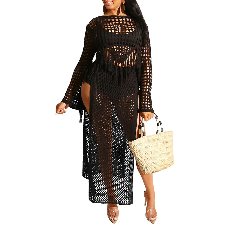 2022 Hot Sale Split Skirt Ladies Plus Size Mesh Net Bathing Suit Crochet Knitted Women Swimsuit Beach Dress Cover Ups