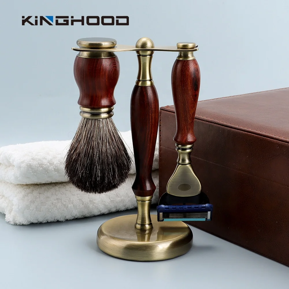 Custom Logo 3PCS Wooden Handle Bristle Hair Shaving Brush Shaving Set with Razor Holder