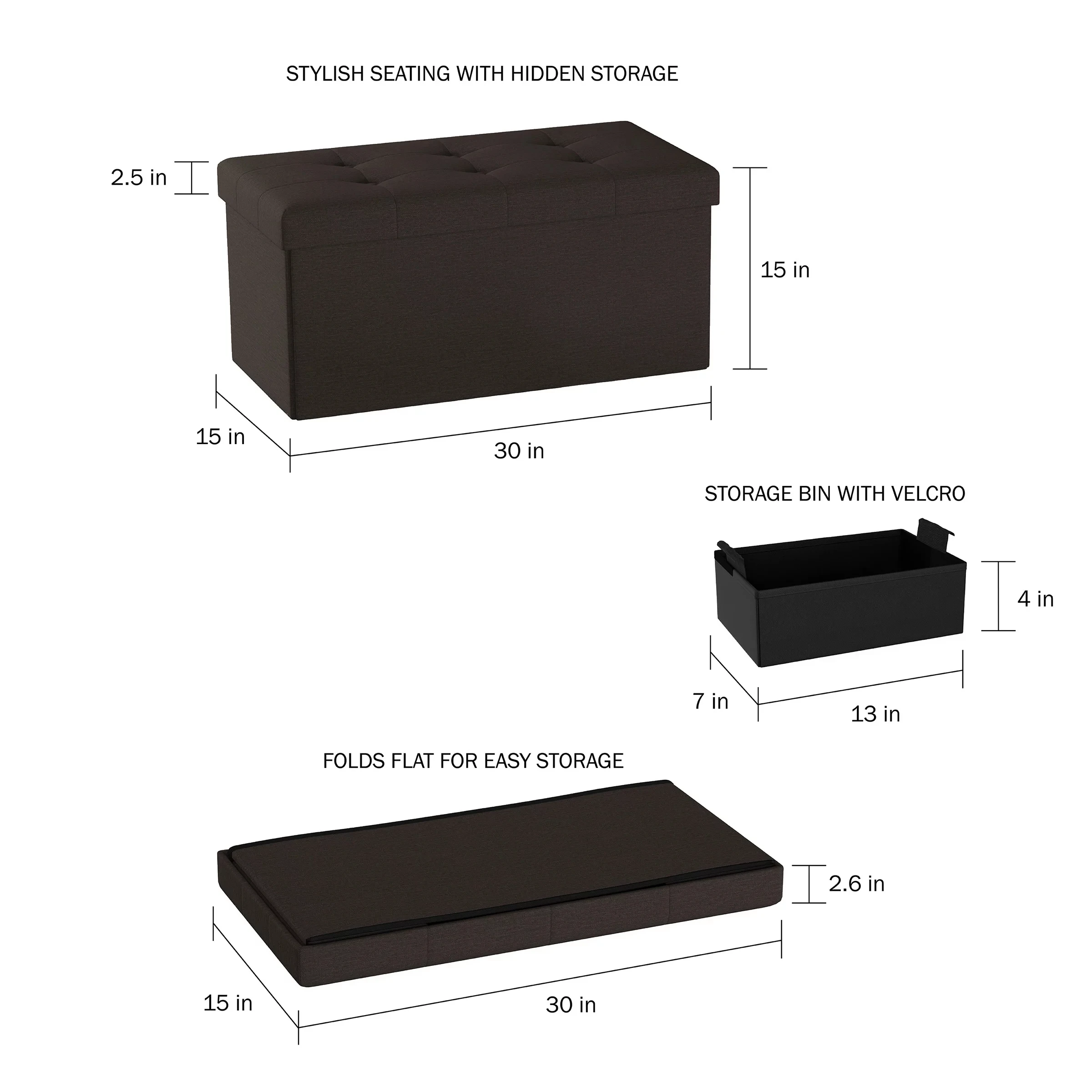Home 30-Inch Folding Storage Ottoman With Removable Bin