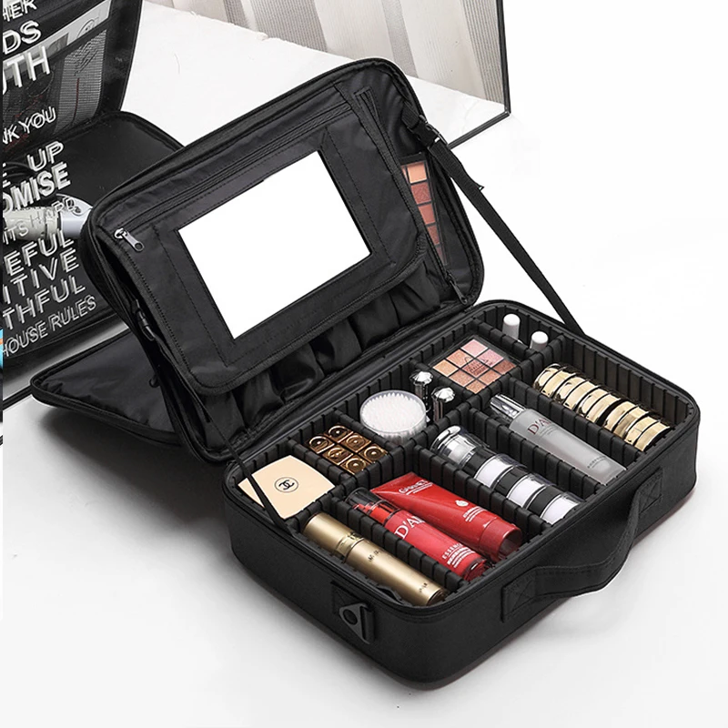 Portable Professional Large Capacity Adjustable Travel Makeup Storage Bruch Bag Cosmetic Organizer Case with mirror
