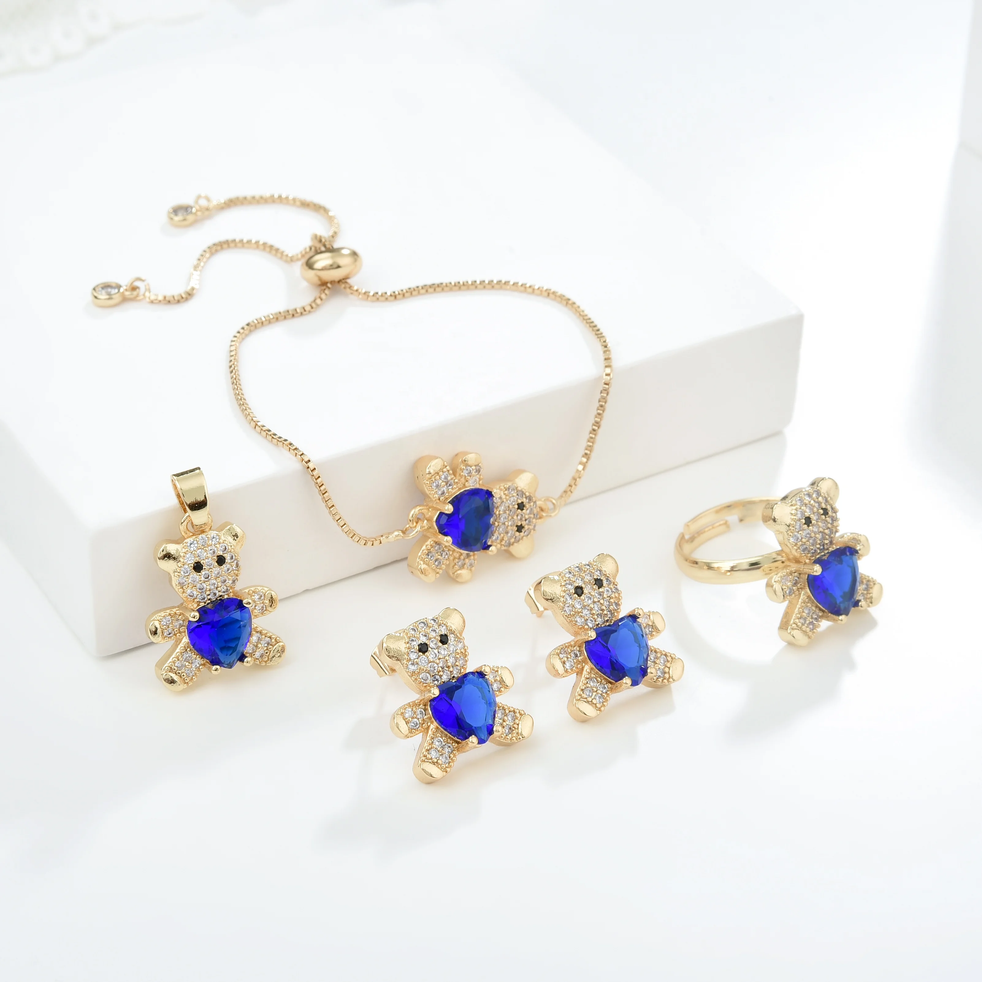 Elfic Cute Jewelry Sets Necklace&Rings&Bracelets&earrings Bear jewelry Animal Stud earrings Conjuntos Oro Laminado Gold Plated