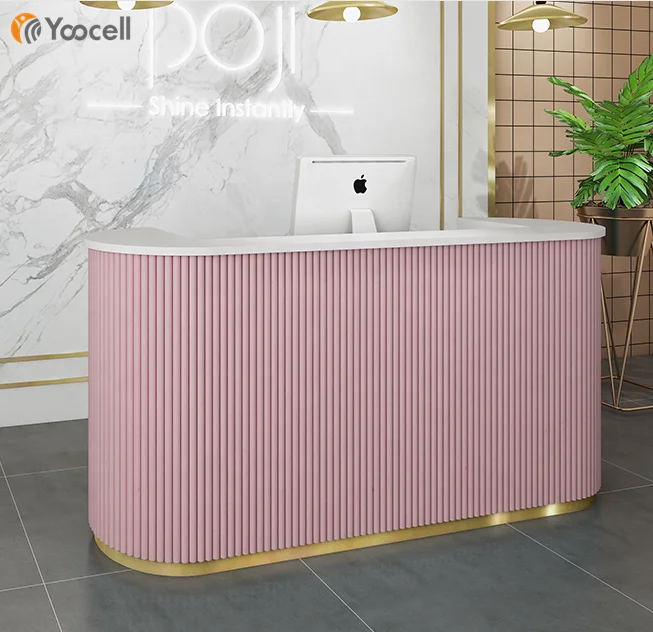 
Yoocell pink color golden bottom line color optional modern design luxury style beauty salon equipment plywood reception desk 