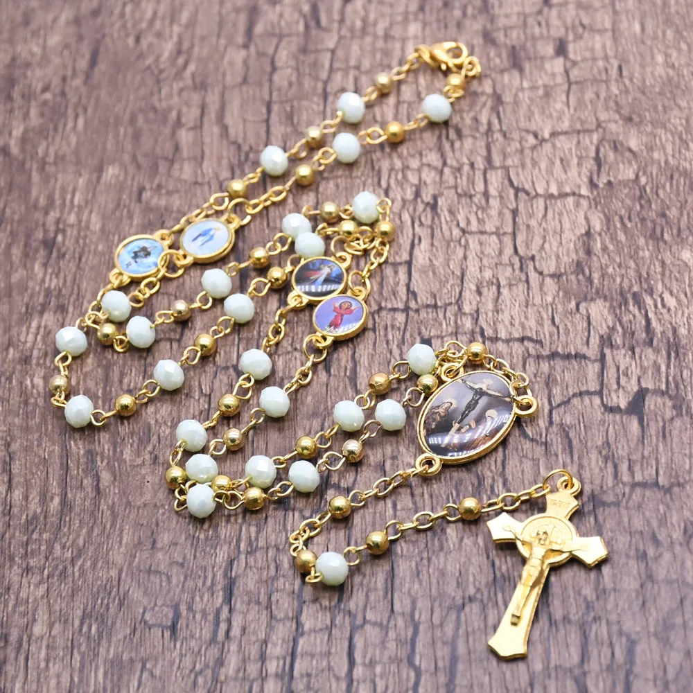 Gold Plated Stainless Steel Beads Chain Jesus Cross Virgin Mary Necklace Religious Christian custom rosary necklace