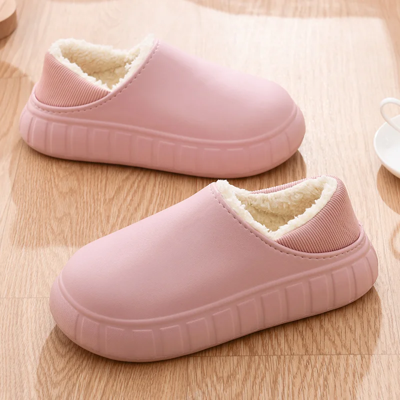 PU leather slippers couple simple floor home winter non-slip and waterproof cotton slippers for women and man