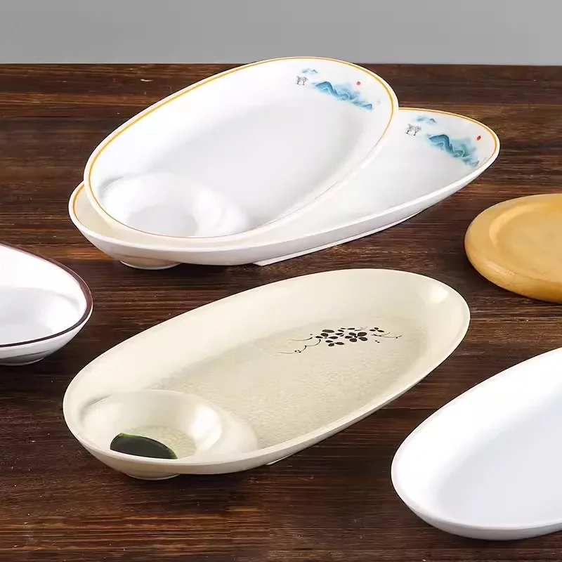 Chinese Style Custom Logo Table Ware Unbreakable Compartments Soy Sauce Dish Dinnerware Melamine Oval Plate For Restaurants