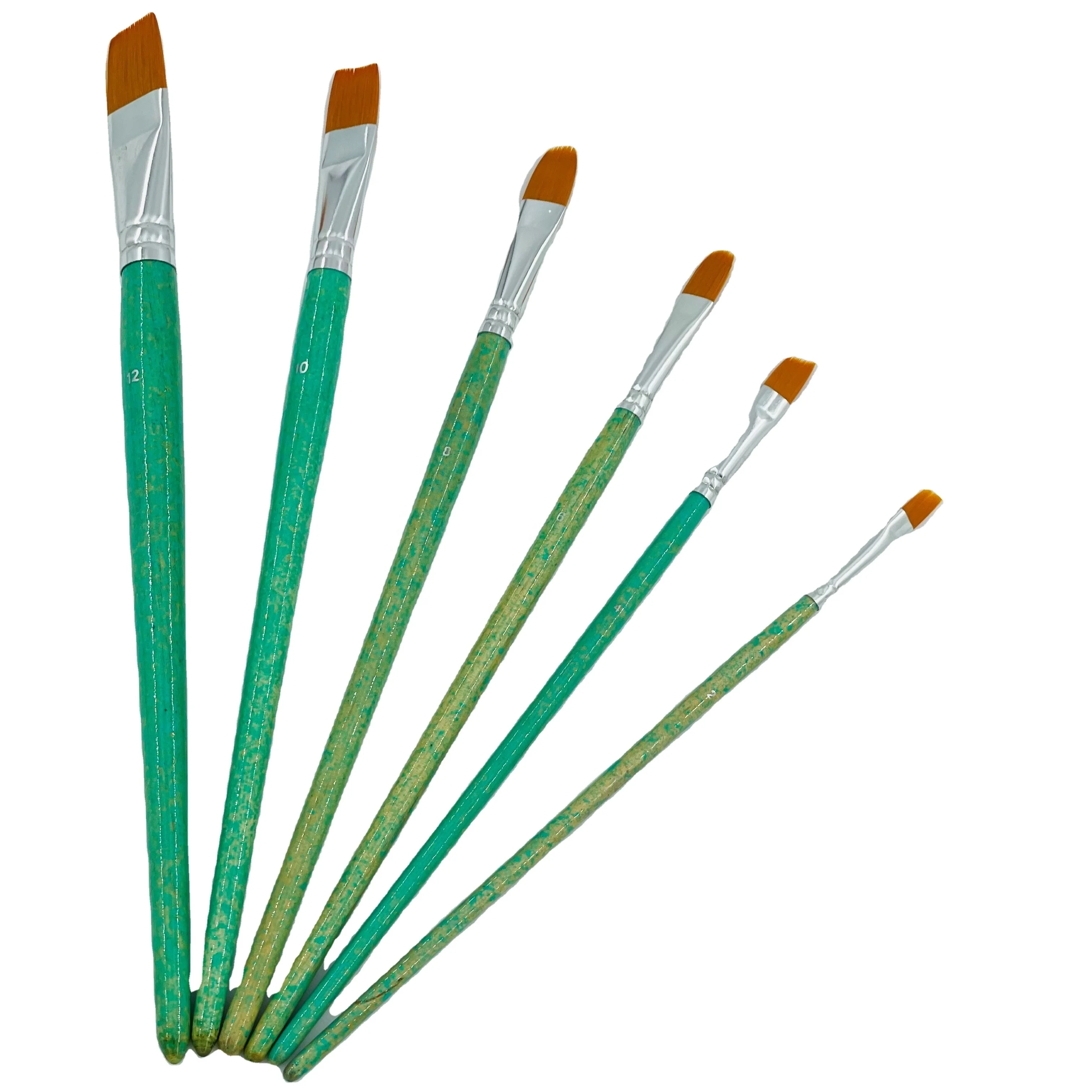 6pcs 2022 hot sale Green knurled pattern wooden handle aluminum tube mixed shape nylon hair artist paint brush set