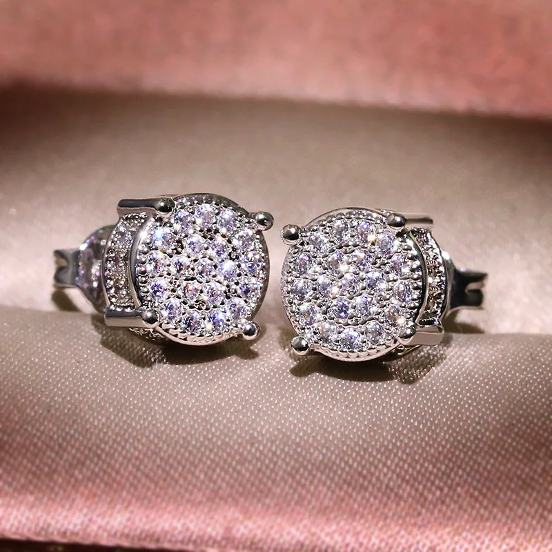 New Bling S925 Gold Silver Zircon Stone Round Stud Earrings Hip Hops Cz Crystal Earring For Women