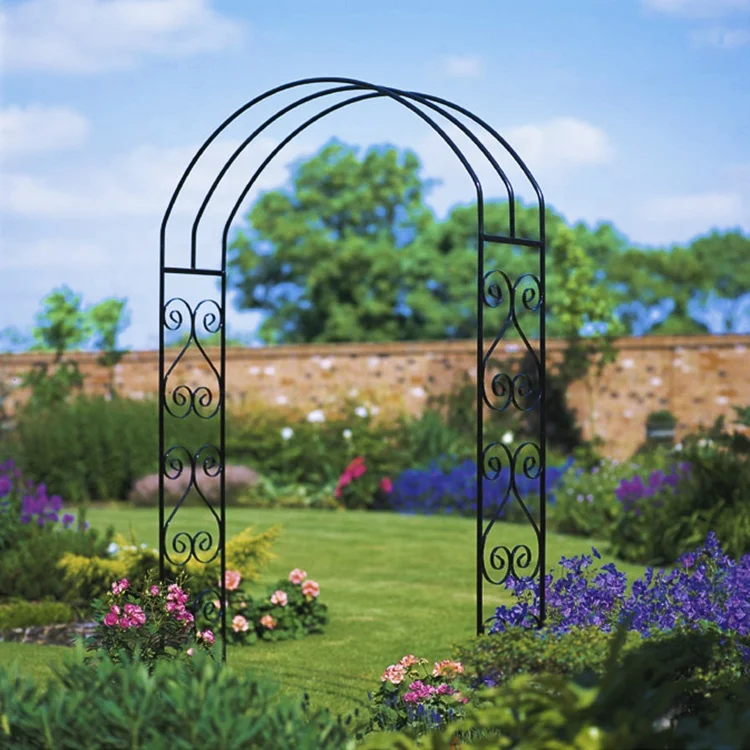 Black Metal Steel Garden Arch Trellis With Gate Climbing Plants