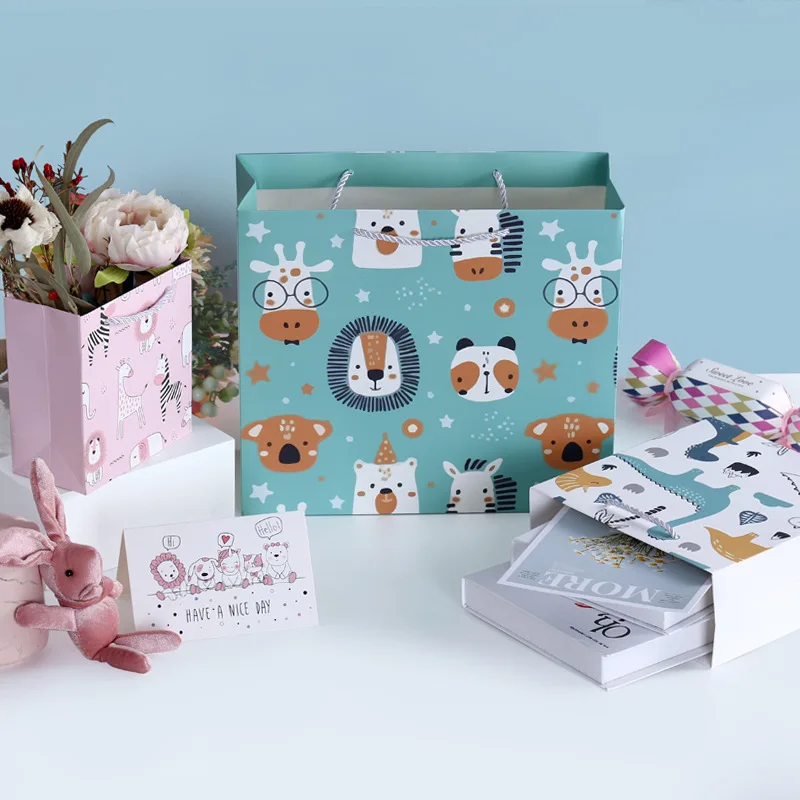 Animal Kingdom Print Paper Candy Gift Bags With Handles For Animal Pet Theme Birthday Party Decorations