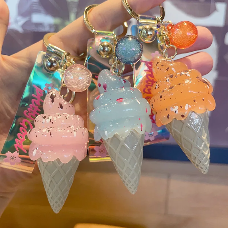 Creative LED 3D Cute Girls Keychain Car Key Ring Accessories Custom Ice Cream kawaii Wristlet Acrylic Cute Keychains