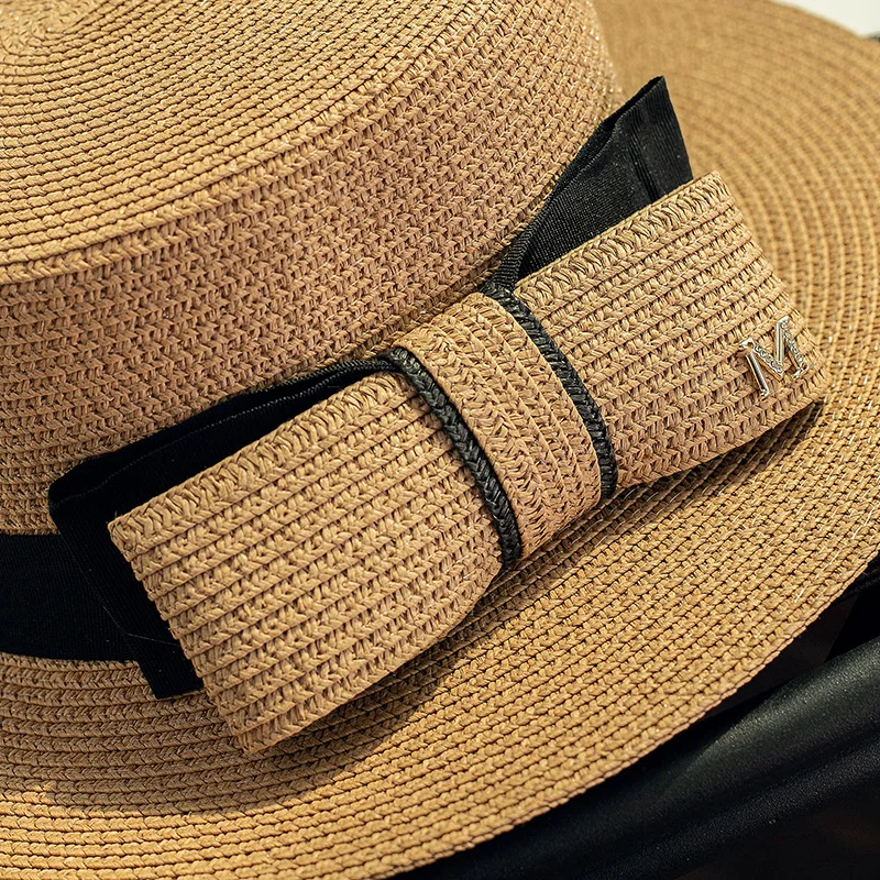 2022 Summer Bowknot Ladies Wide Brim Flat Top Sunshade Beach Straw Hat For Women