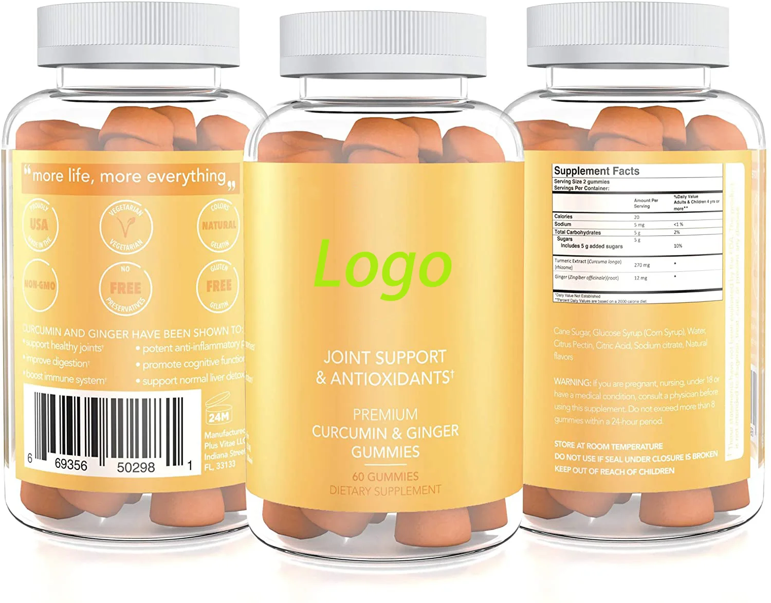 Supplement Curcumin Free Ginger Sugar Vegan Pectin OEM/ODM