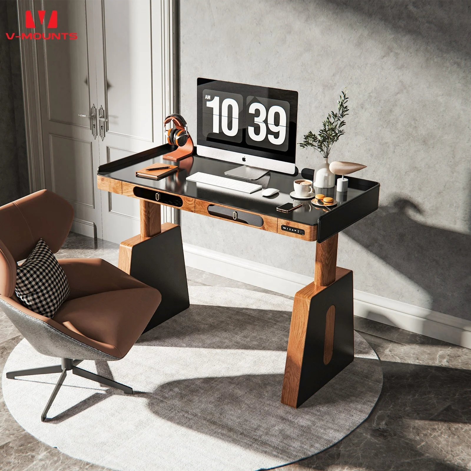 V-mounts Modern design ergonomic furniture electric sit stand desk with drawer & USB/Type-c charging ports JSD2-02-M4
