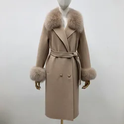 wholesale fashion winter clothes thick wool trench coat double breasted fox fur collar and cuffs womens winter wool coat